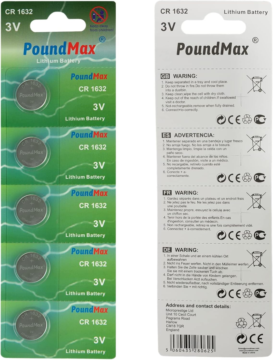 PoundMax 5 adet CR1632(DL1632) 3V Düğme Pil (Akıllı ev aletleri,araba anahtarları,terazi,uzaktan kumanda,bilgisayar anakartları için