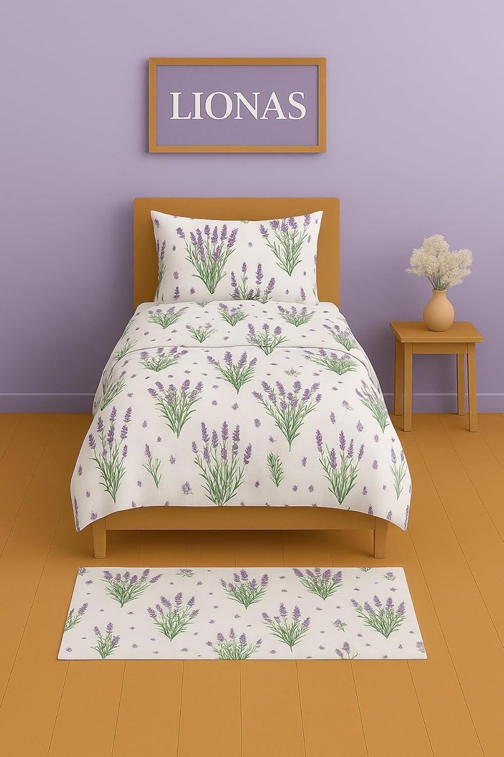 Ezgi Tek Kişilik Desenli Nevresim Takımı, Lavanta Deseni, 155 x 230 cm, Pamuk Polyester Karışım, Kapaklı Yastık Kılıfı Dahil