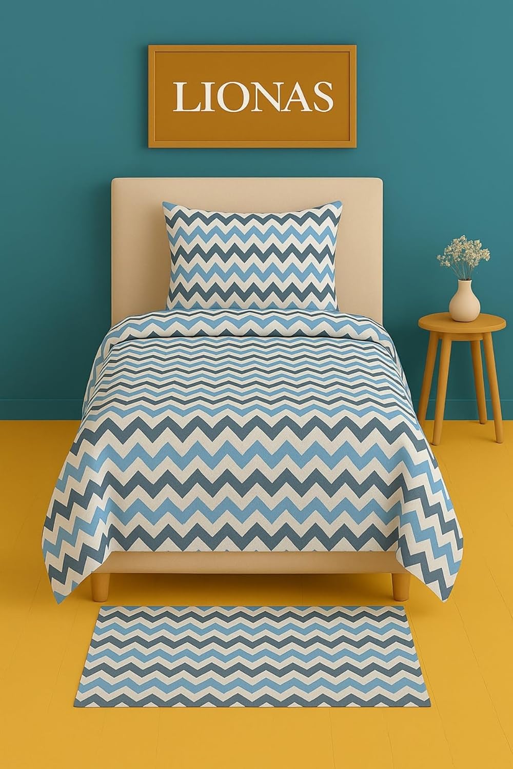 Alternative view of Ezgi Tek Kişilik Desenli Nevresim Takımı, Chevron Desen, Mavi, 155 x 230 cm, Kapaklı Yastık Kılıfı Dahil