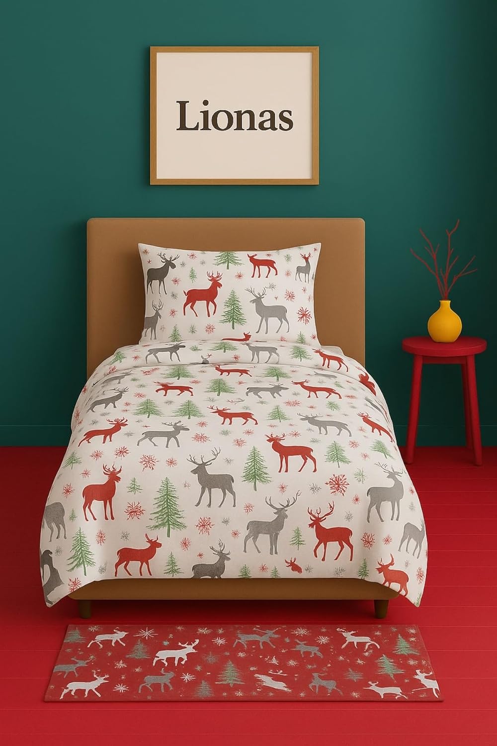 Ezgi Tek Kişilik Desenli Nevresim Takımı, 155 x 230 cm, Geyik Motifli, Kırmızı,%80 Pamuk