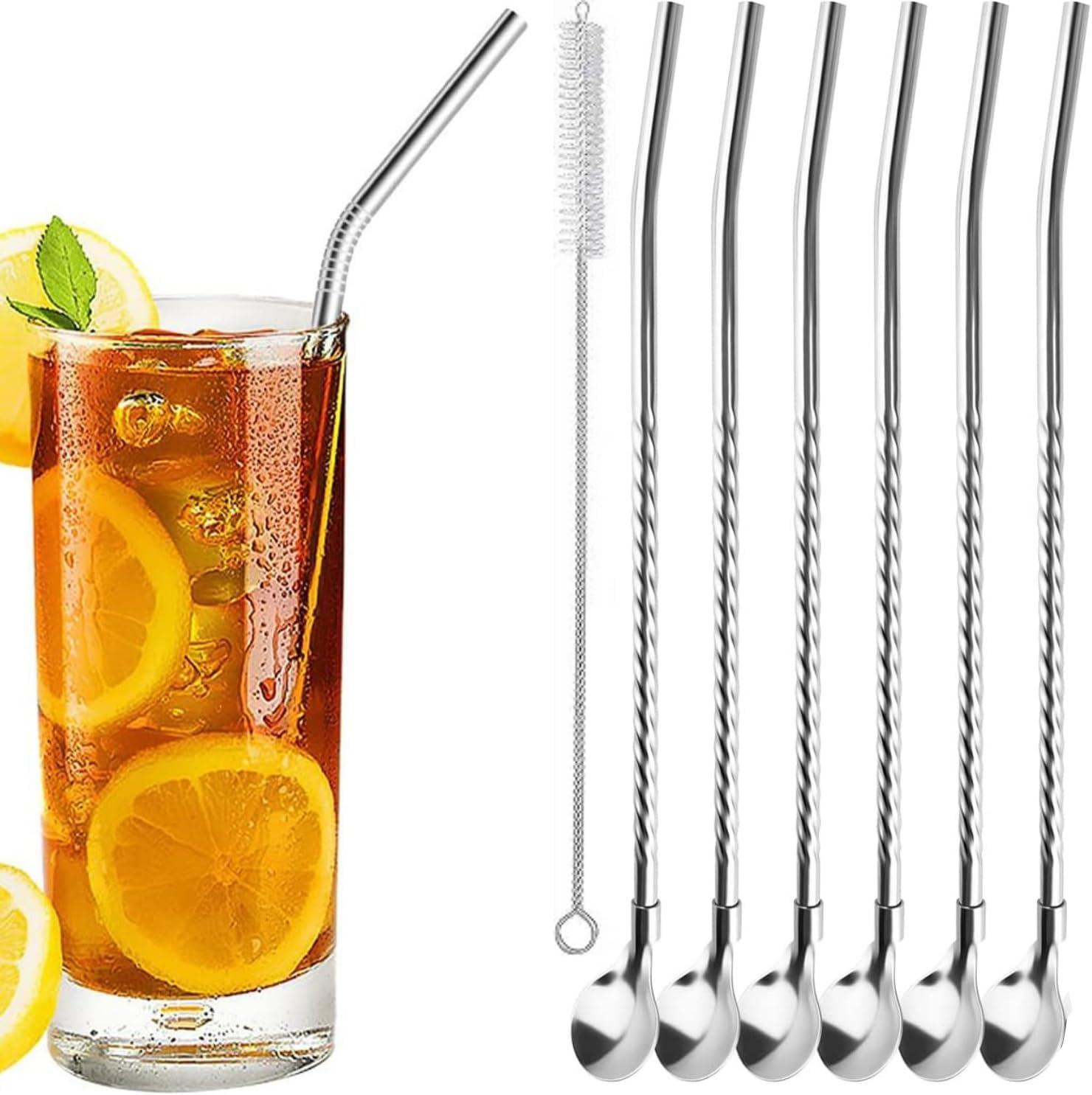 7'li Paslanmaz Çelik Kaşıklı Metal Pipet Seti 6 Adet Pipet ve Pipet Temizleme Fırçası Cam Pipet - Görsel 3