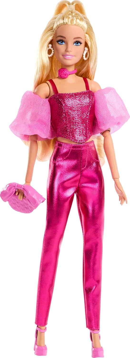 Deluxe Style Stil İkonu Metalik pembe korse-pantolon kombini ve aksesuarlarıyla sarı saçlı bebek (5), JFP40 - Görsel 2