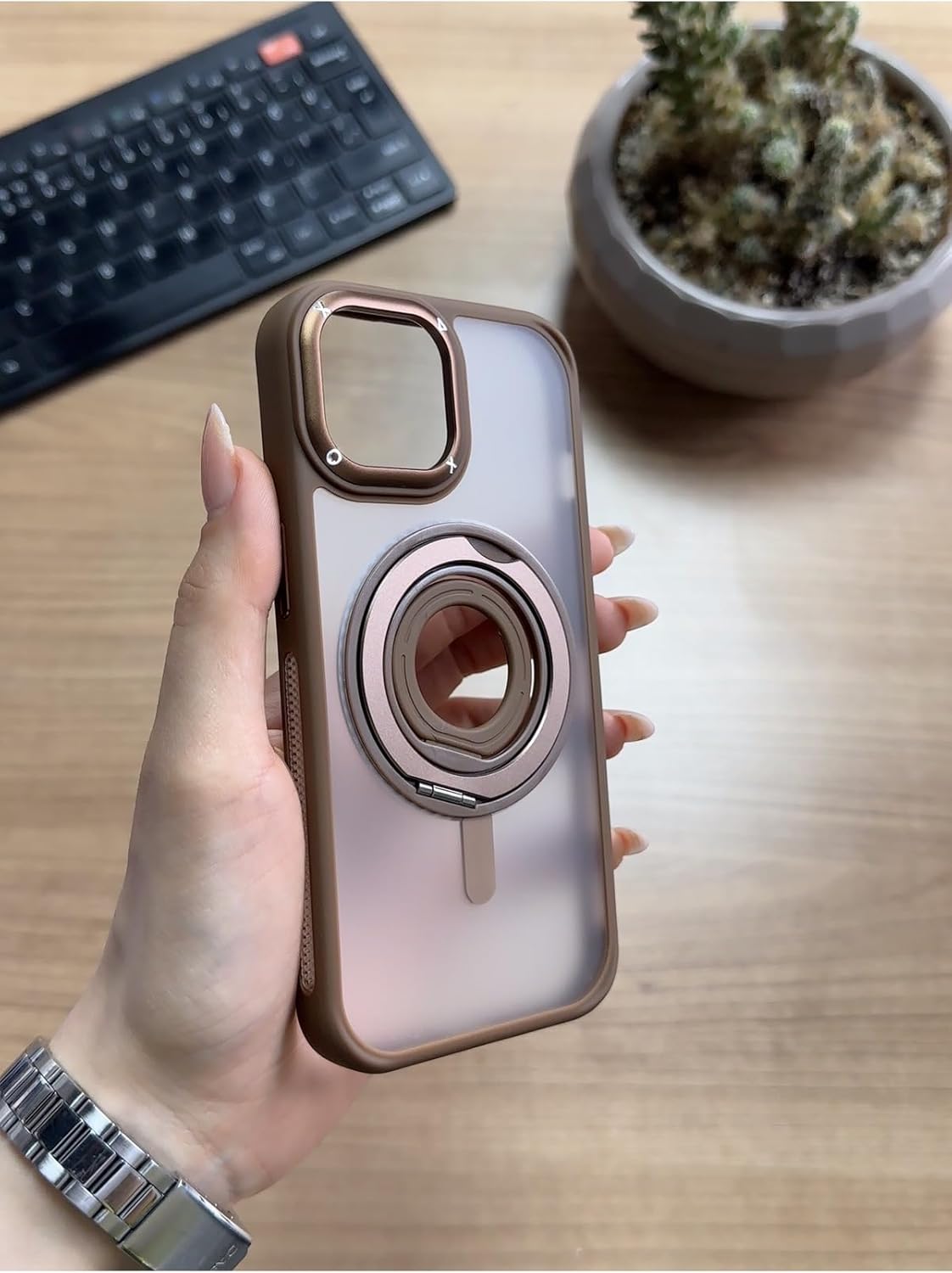 Alternative view of Standlı Ve Yüzüklü MagSafe Kılıf Soocase721 Kahverengi iPhone 15 ile uyumlu