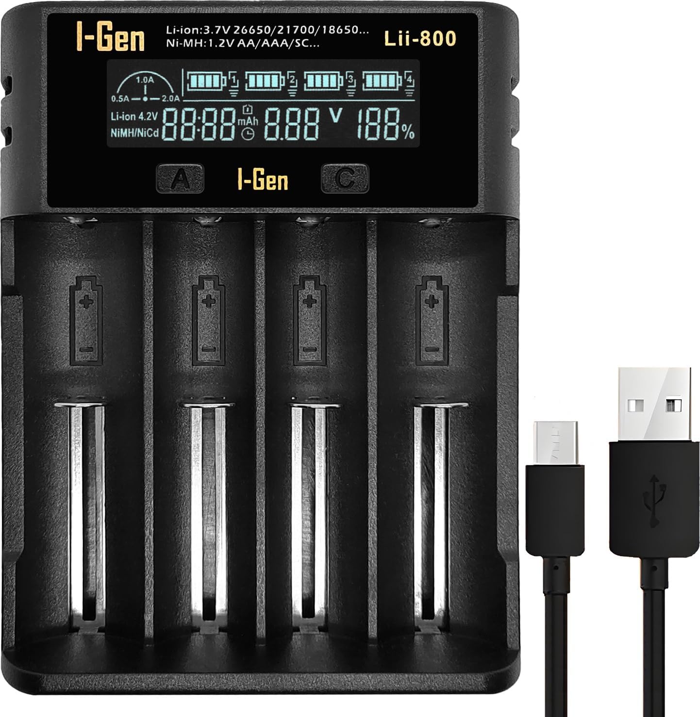 I-Gen Batteries Lii-800 Akıllı Li-ion Pil Şarj Cihazı, Type-C Girişli, LCD Ekranlı, 4 Slot Şarj, Li-ion & Ni-MH Uyumlu (18650/21700 / AA/AAA)