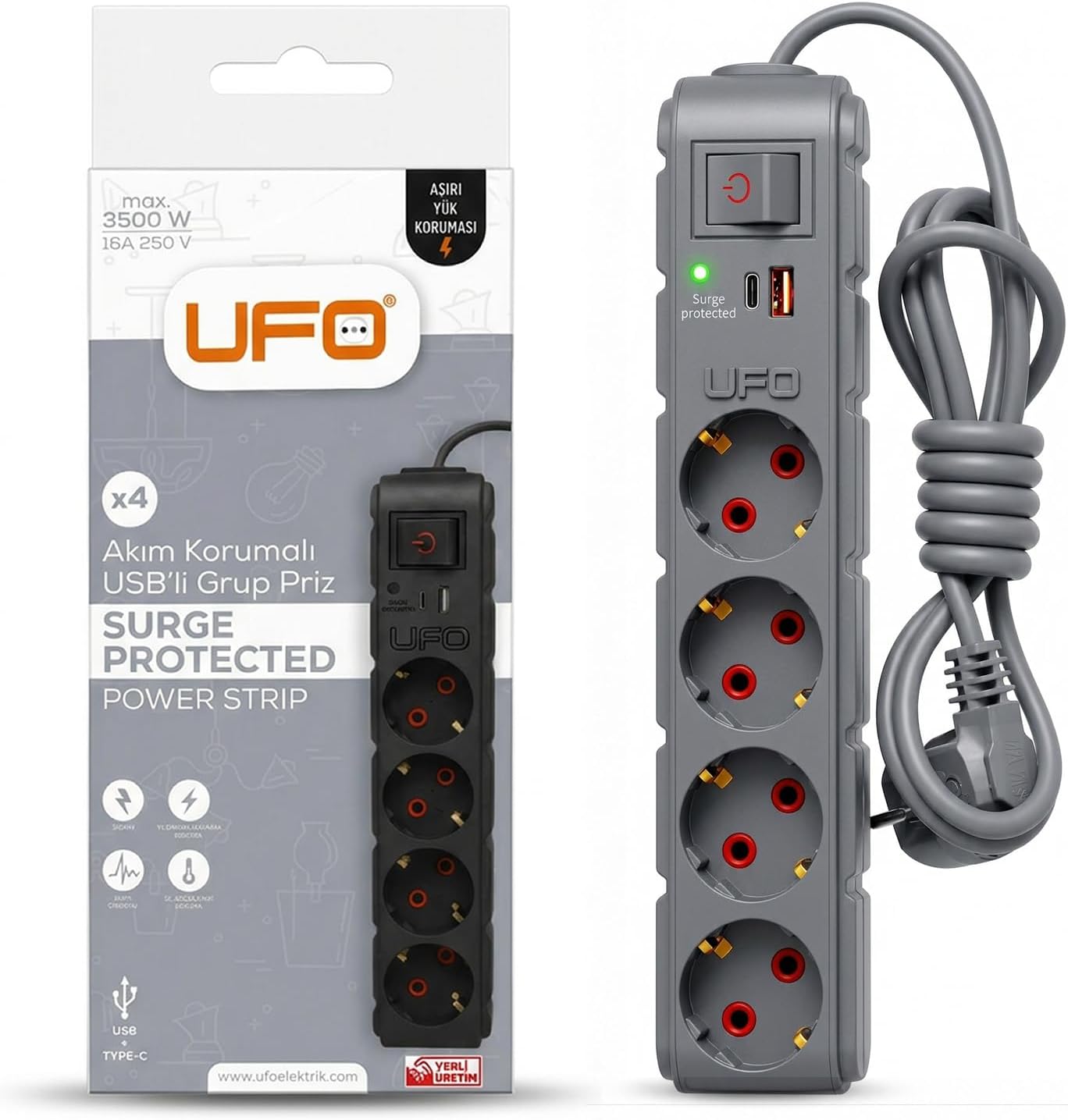 Alternative view of Yeni 4lü Akım Korumalı Grup Priz 1,5 Metre Bakır Kablolu, 5V 2,4A USB ve Type-C ile Şarj, Anahtarlı Topraklı Priz, Sürekli Koruma, 16A 250V, Max 3500W Aşırı Yük Koruması, 1,5m. Gri renk