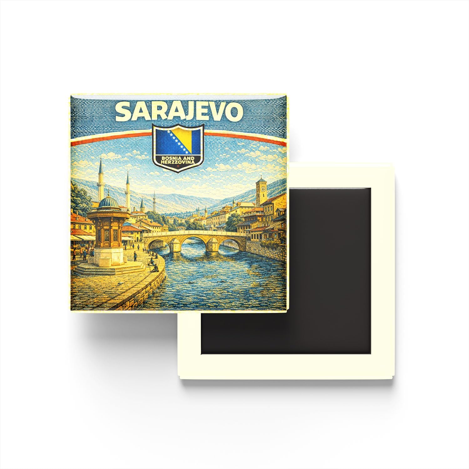 Bosna-Hersek Saraybosna Şehri Temalı Vintage Buzdolap Magneti – 9x9 cm