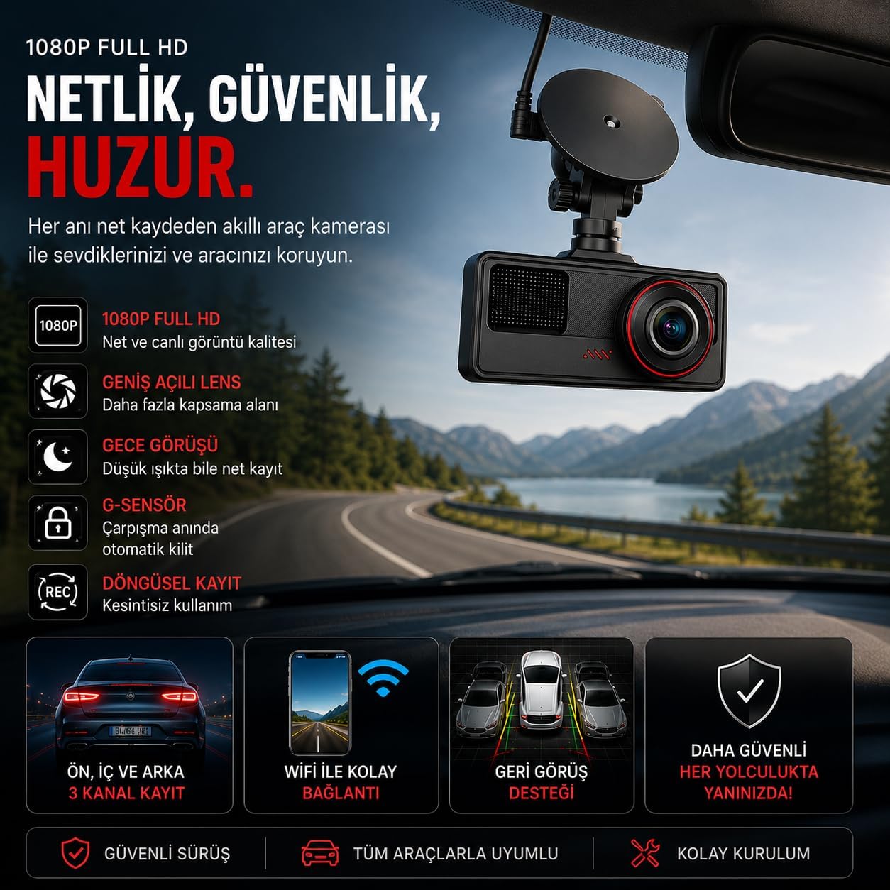 Araç ici Kamera Wifi 3 Kameralı Full HD 1080P 30FPS Dash Cam Arka Kamera, Park Modu, Geniş Açılı Gece Görüşlü - Görsel 3