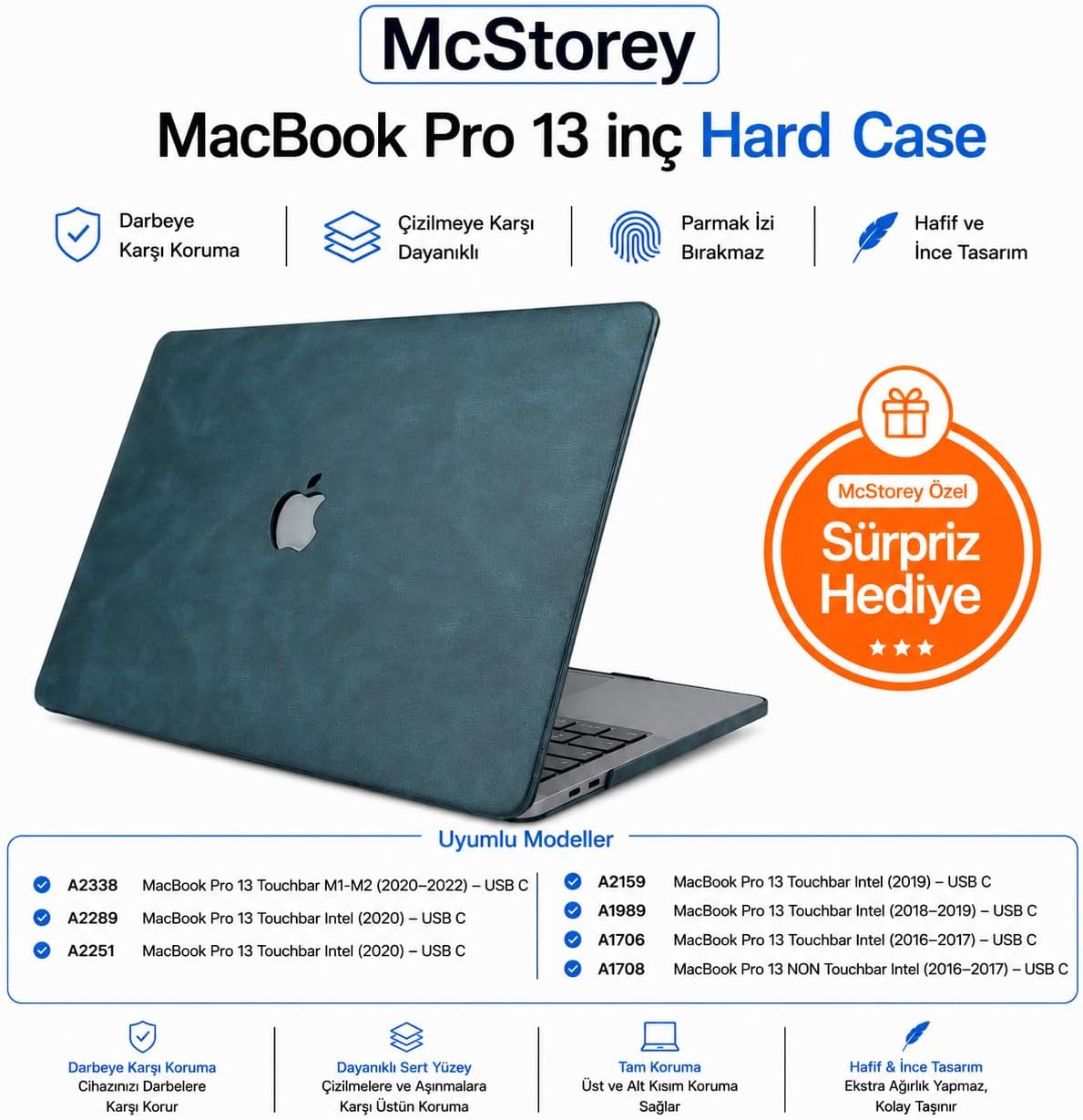 MacBook Pro 13 Deri Desenli Kılıf A1706 A1708 A1989 A2159 Uyumlu İnce Hafif Sert Kılıf Koruyucu Kapak 2016-2019 Lacivert