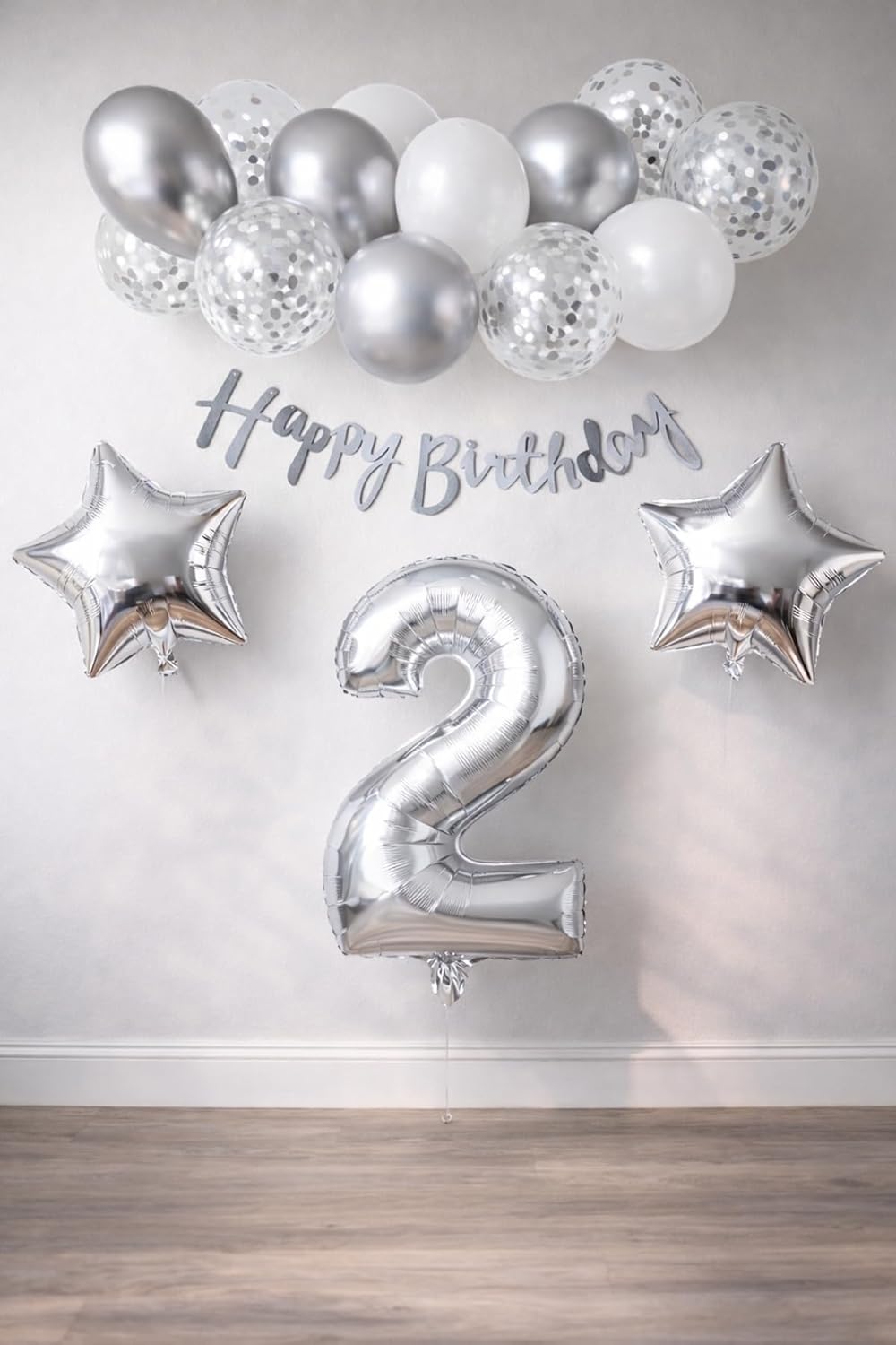 Gumus Konsept Dogum Gunu Kutlama Seti Beyaz Gumus Konfetili Balon Rakam Yıldız Folyo ve Banner (2 Yaş)