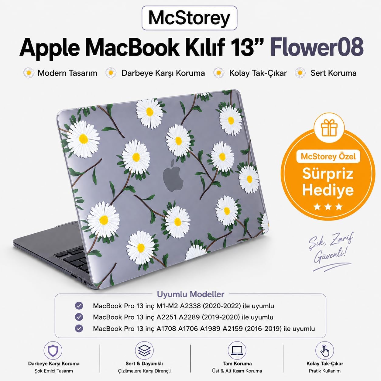 Alternative view of MacBook Pro 13 Çiçek Desenli Kılıf A1706 A1708 A1989 A2159 A2251 A2289 A2338 M1 M2 Uyumlu Baskılı Kristal Sert Kılıf Koruyucu Kapak Yeşil Sarı