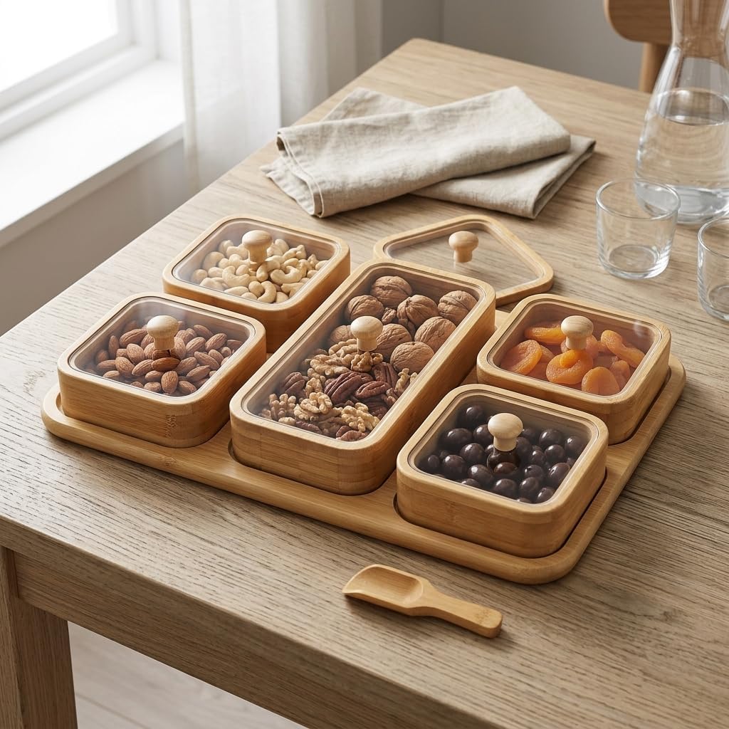 6 Parça Bambu Kahvaltılık Seti - Şeffaf Akrilik Kapaklı Kırılmaz Çerezlik, Reçellik ve Kahvaltı Sunum Tabağı (32.5 x 22 x 4 cm) - Görsel 2