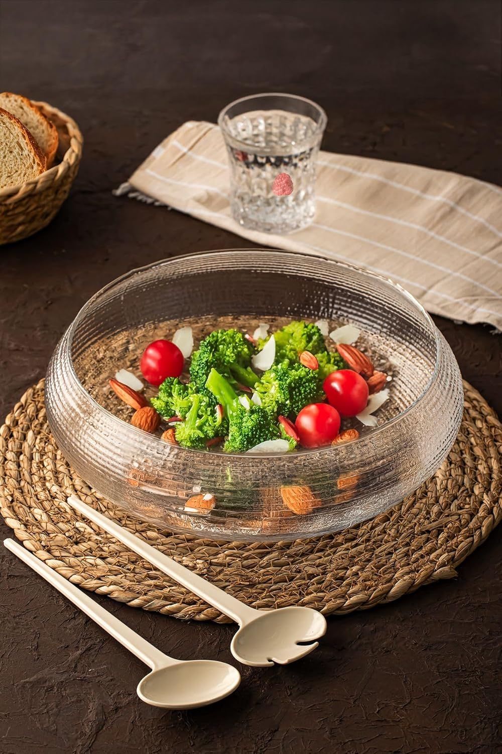 4306 El Yapımı Büyük Boy Kendinden Kaşıklı Cam Salata Meyve Çerez Makarna Sunum Kasesi Şeffaf 24 Cm - Görsel 3