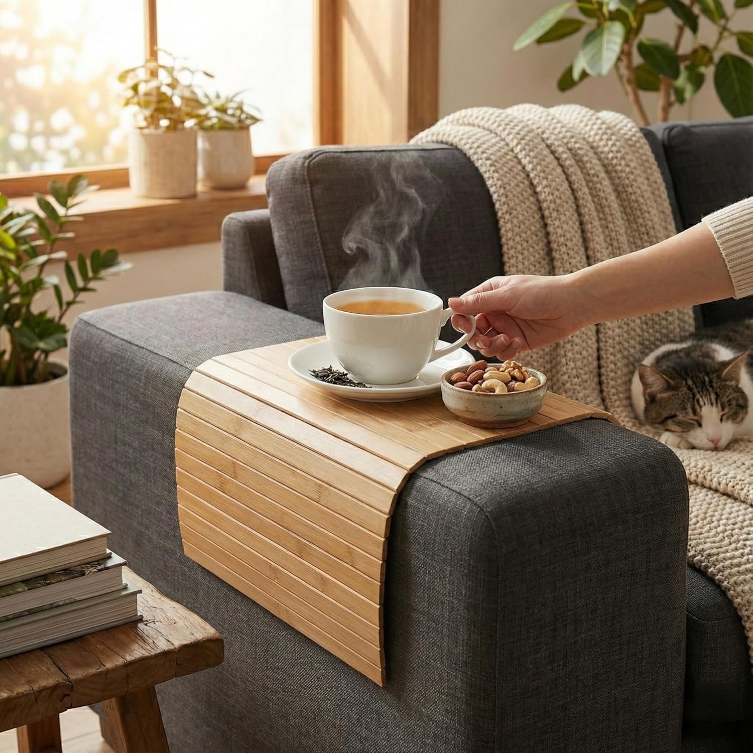 Katlanır Bambu Koltuk Kenarı Tepsisi Mat | 32x45 cm | Geniş Kolçak Masası | İçecek, Atıştırmalık ve Tablet Standı | Doğal Ahşap - Görsel 3