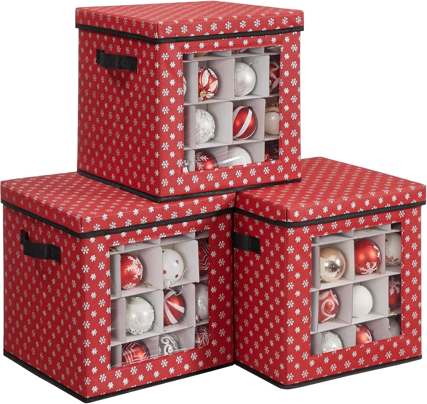 Alternative view of saklama kutuları, 3'lü set, katlanır kutular, kutu başına 64 küçük bölme, esnek ayırma duvarları, 30,5 x 30,5 x 30,5 cm, kırmızı, kar tanesi desenli RFB029R01