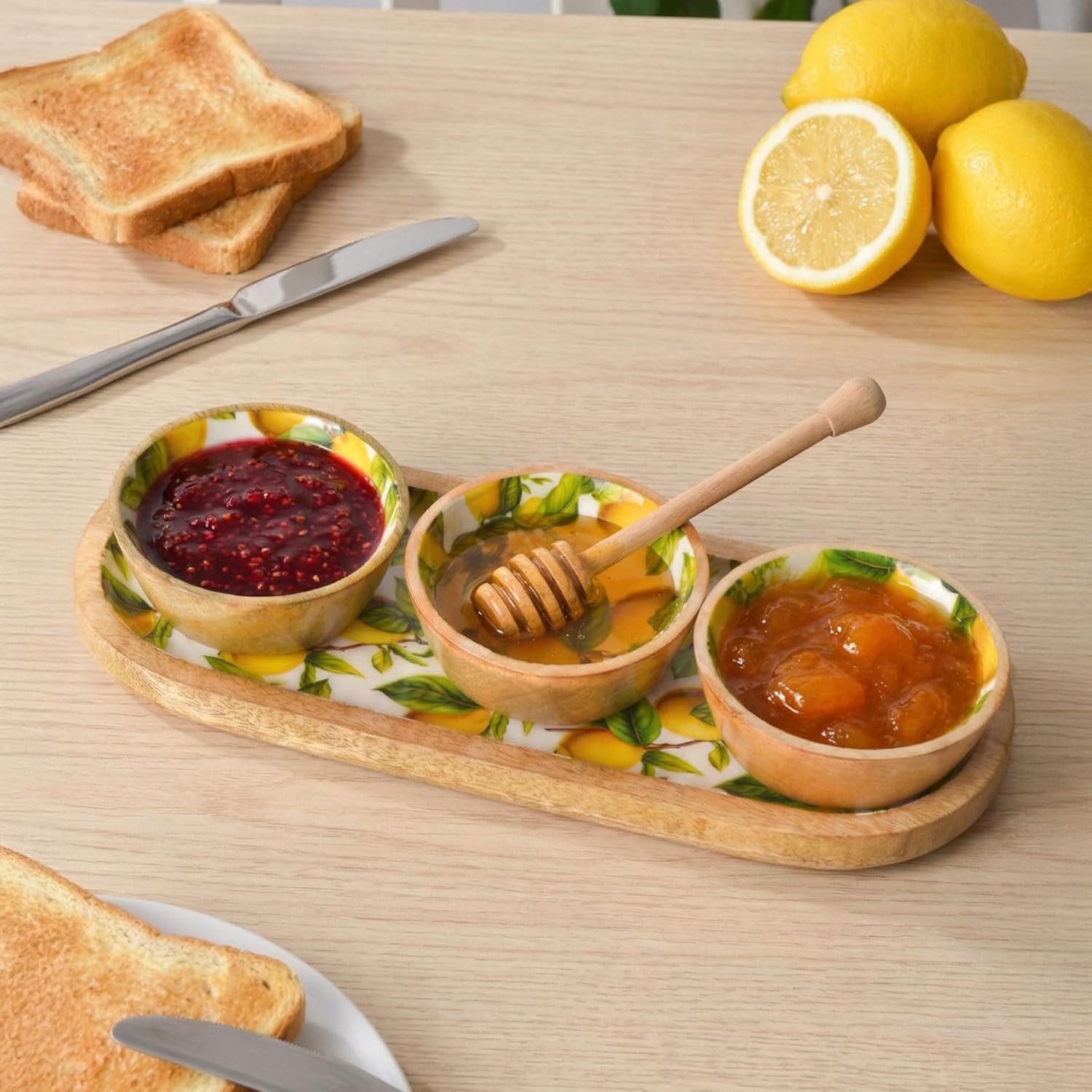 Mango Ağacı Standlı 3'lü Kase Seti - İçi Emaye Kaplama Doğal Ahşap Çerezlik ve Sosluk - 30 cm Sunum Tepsili Dekoratif Set (LİMON DESEN)