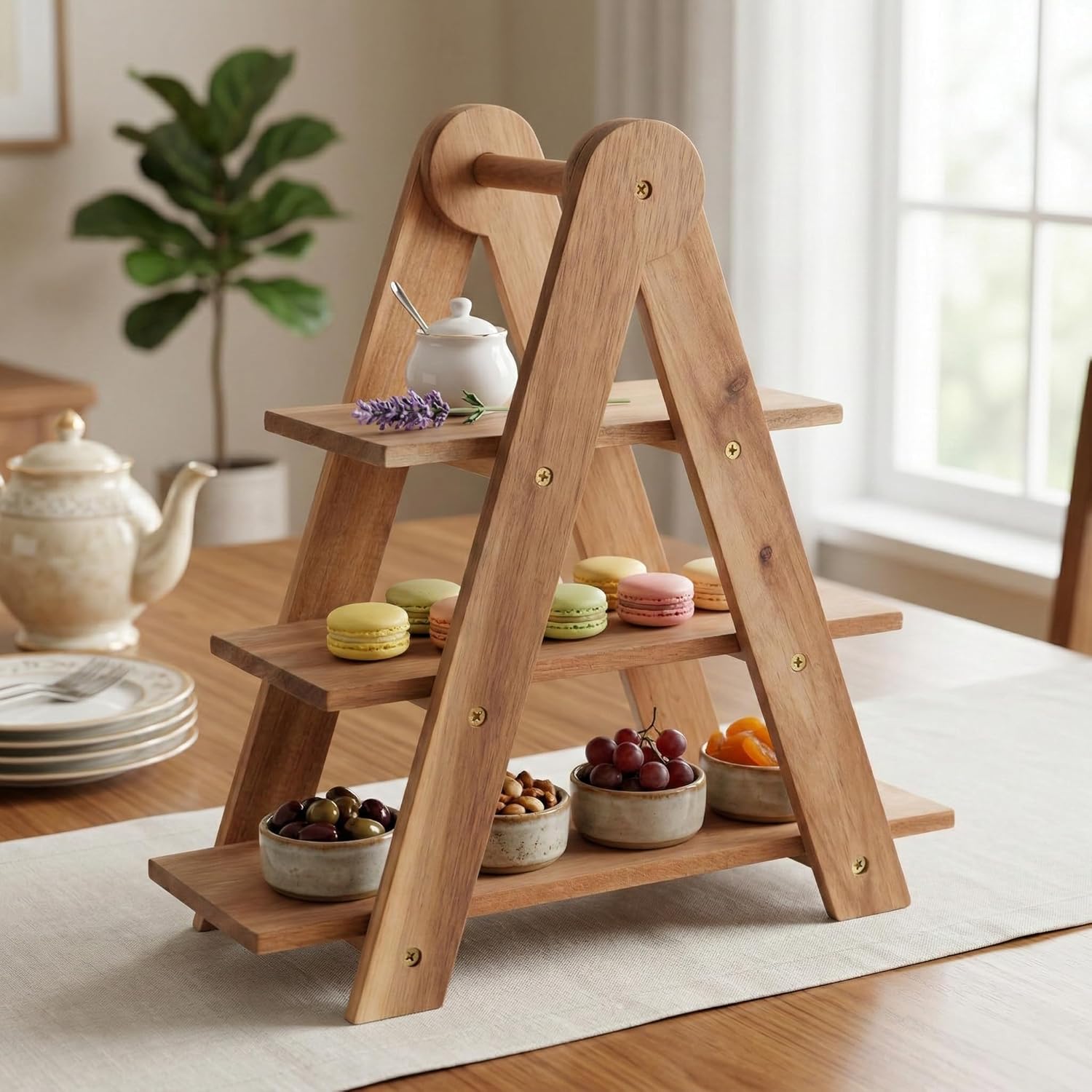 Doğal Akasya Ahşap 3 Katlı Sunum Standı - 37x12.3x37.5 cm Çok Amaçlı Katlı Servis Tepsisi, Kurabiyelik ve Peynir Sunumluğu