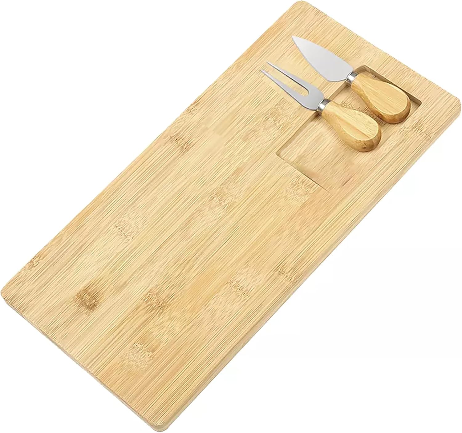 Bambu Peynir Sunum Tabağı, 3 Parça Peynir Bıçağı ve Çatalı Seti, Toplam 4 Parça, Doğal ve Şık Bambu Peynir Tabağı, Kaliteli Sunum Seti 38x19 cm Ebatlarında - Görsel 3