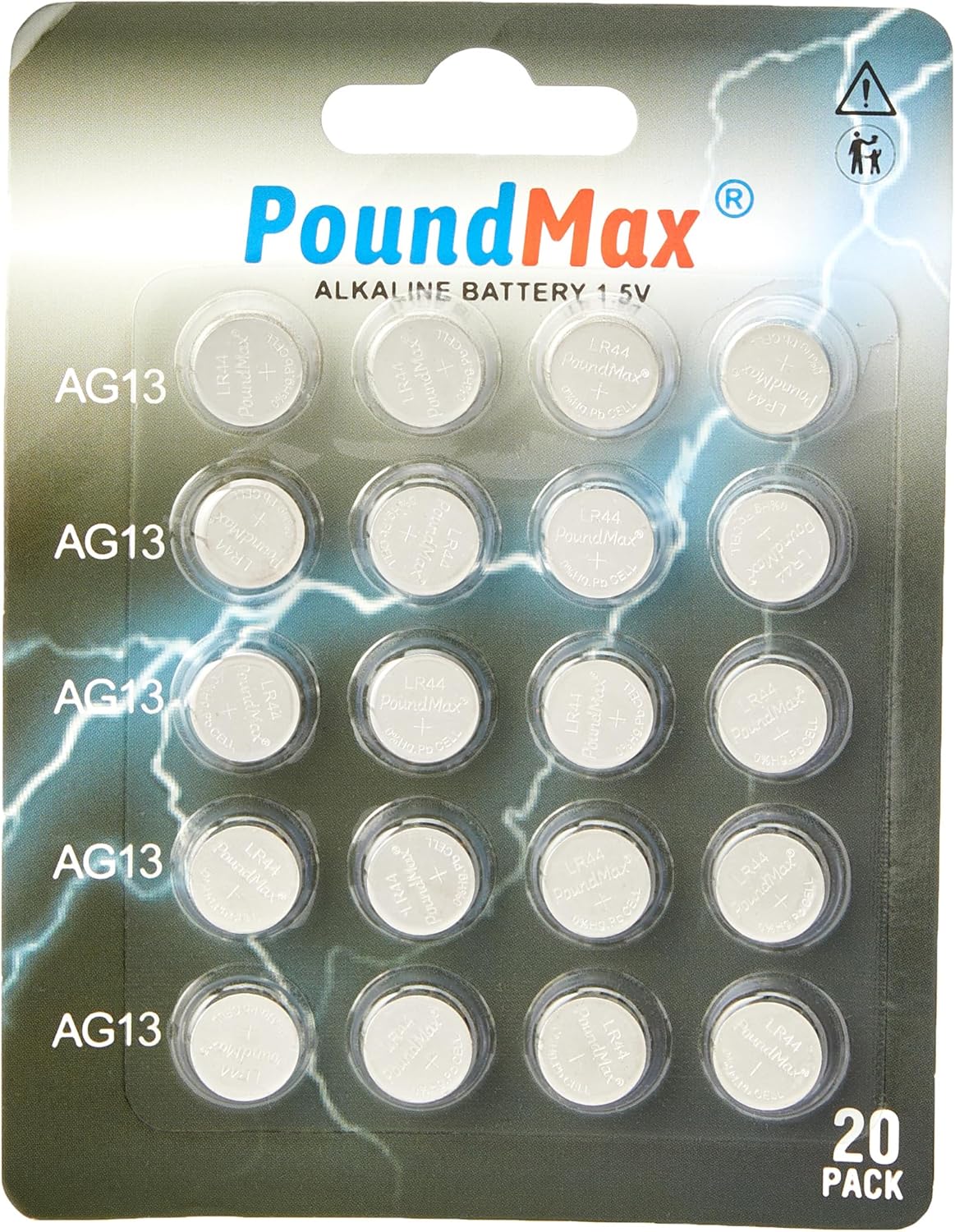 Alternative view of 20 X PoundMax LR44 AG13 1,5 V PoundMax Alkalin Düğme Pil, Cıvasız, Sızdırmaz, Uzun Süreli Dayanıklılık, Oyuncaklar, Ölçüm Cihazları ve Hesap Makineleri için A76, G13, L1154, SR44, G13A ile Uyumlu