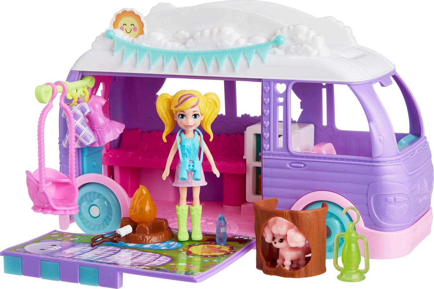 Muhteşem Karavan Polly Pocket Muhteşem Karavan, bebek ve evcil hayvan oyun seti, kamp ve yiyecek temalı aksesuarlar, seyahat oyuncağı JCC32