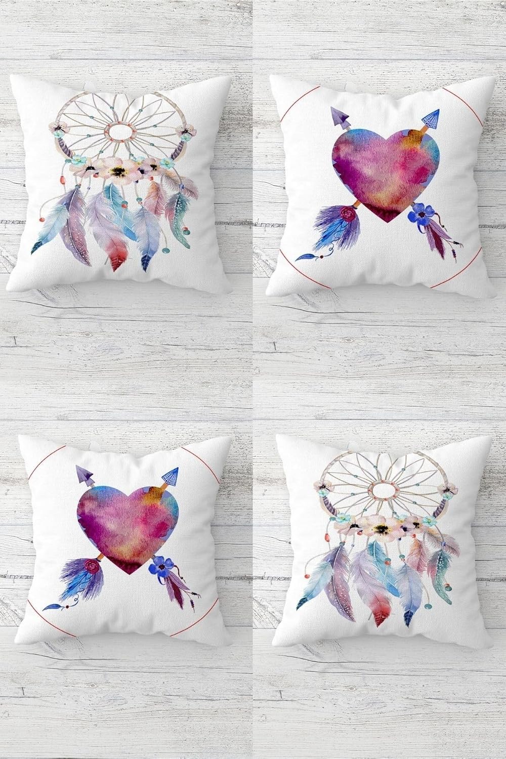 Alternative view of Kalp ve Dream Catcher Desenli Gizli Fermuarlı Kırlent Kılıfı Koltuk Yastık Kılıfı Takım(4ADET), Mor-Pembe-Beyaz 45 x 45