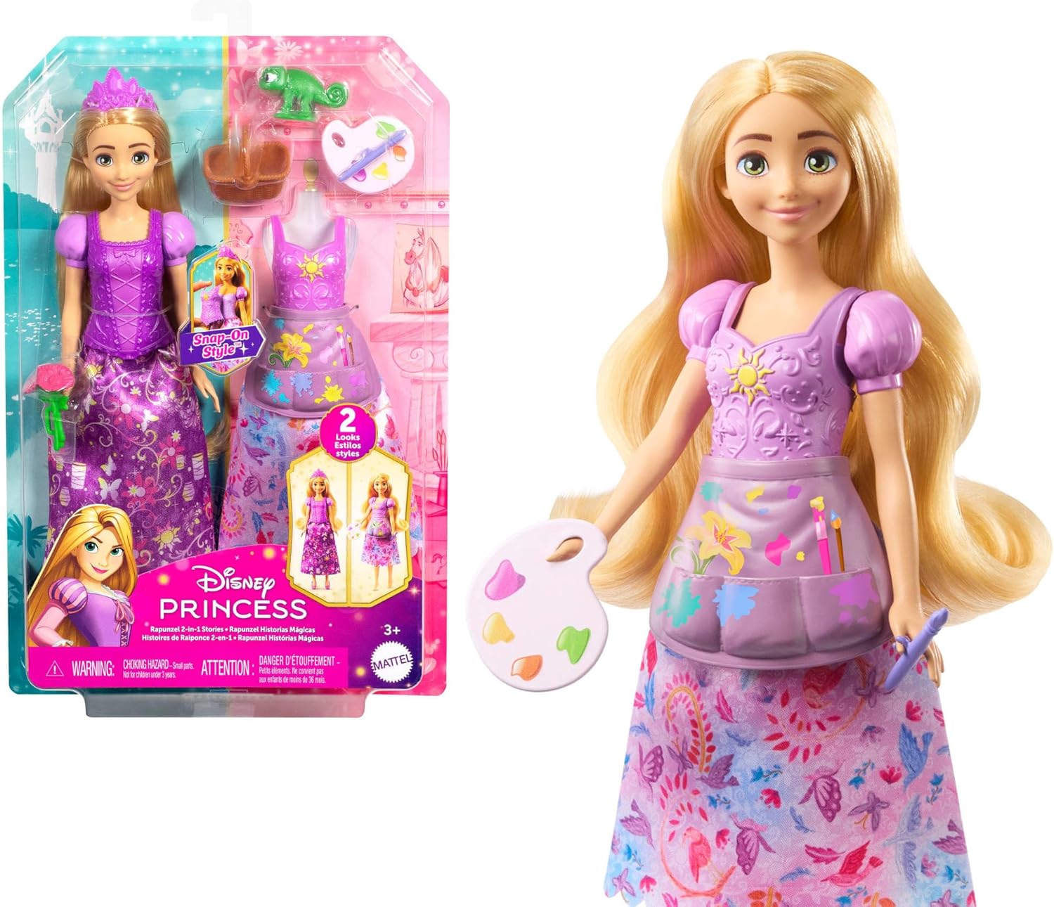 Mattel Prensesi oyuncakları, 2 farklı görünüme sahip Rapunzel bebek, 9 aksesuar, takılıp çıkarılabilen 2 büstiyer ve 2 etek, Karmakarışık'tan ilham alan 2'si 1 arada hikayeler, JBG09 - Görsel 3