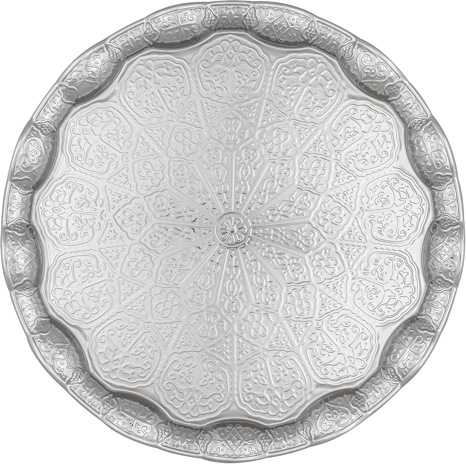 Osmanlı Motifli Metal Servis Tepsisi – 34,5 cm (13.6 inç) – Kahve ve Çay Sunum Tepsisi – 5 Renk Seçeneği (Gümüş Rengi) - Görsel 3